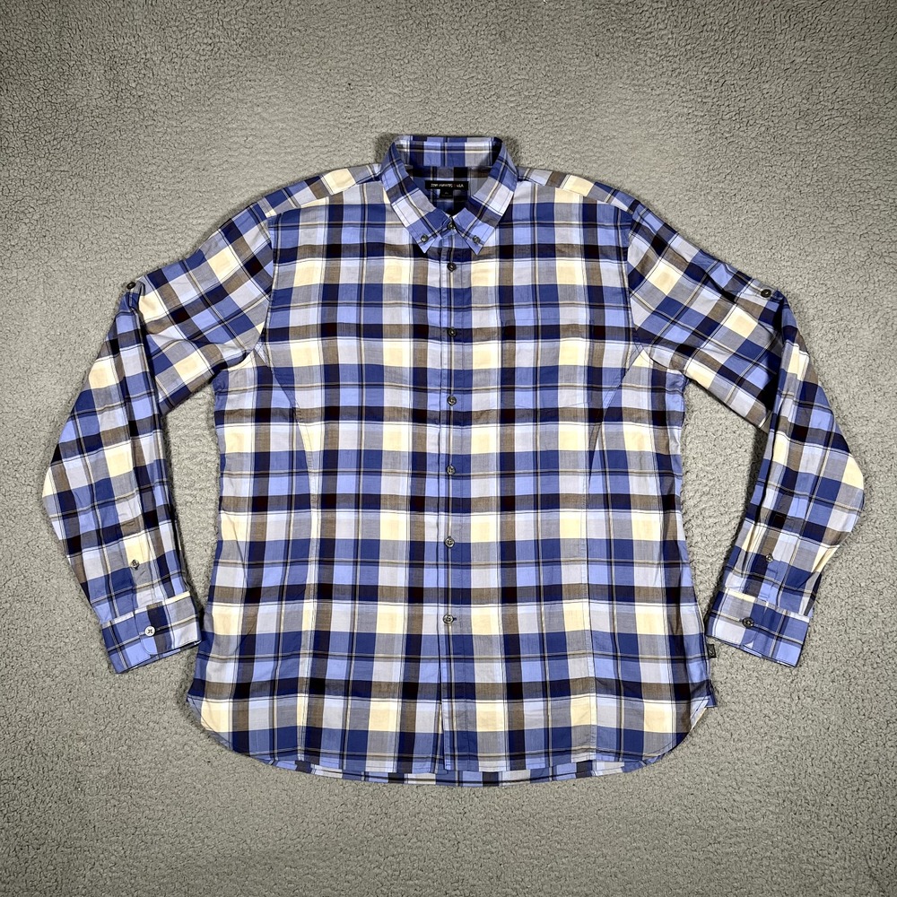 John Varvatos Shirt Mens XL Blue Plaid Slim Fit Casual Preppy Button Down Cotton